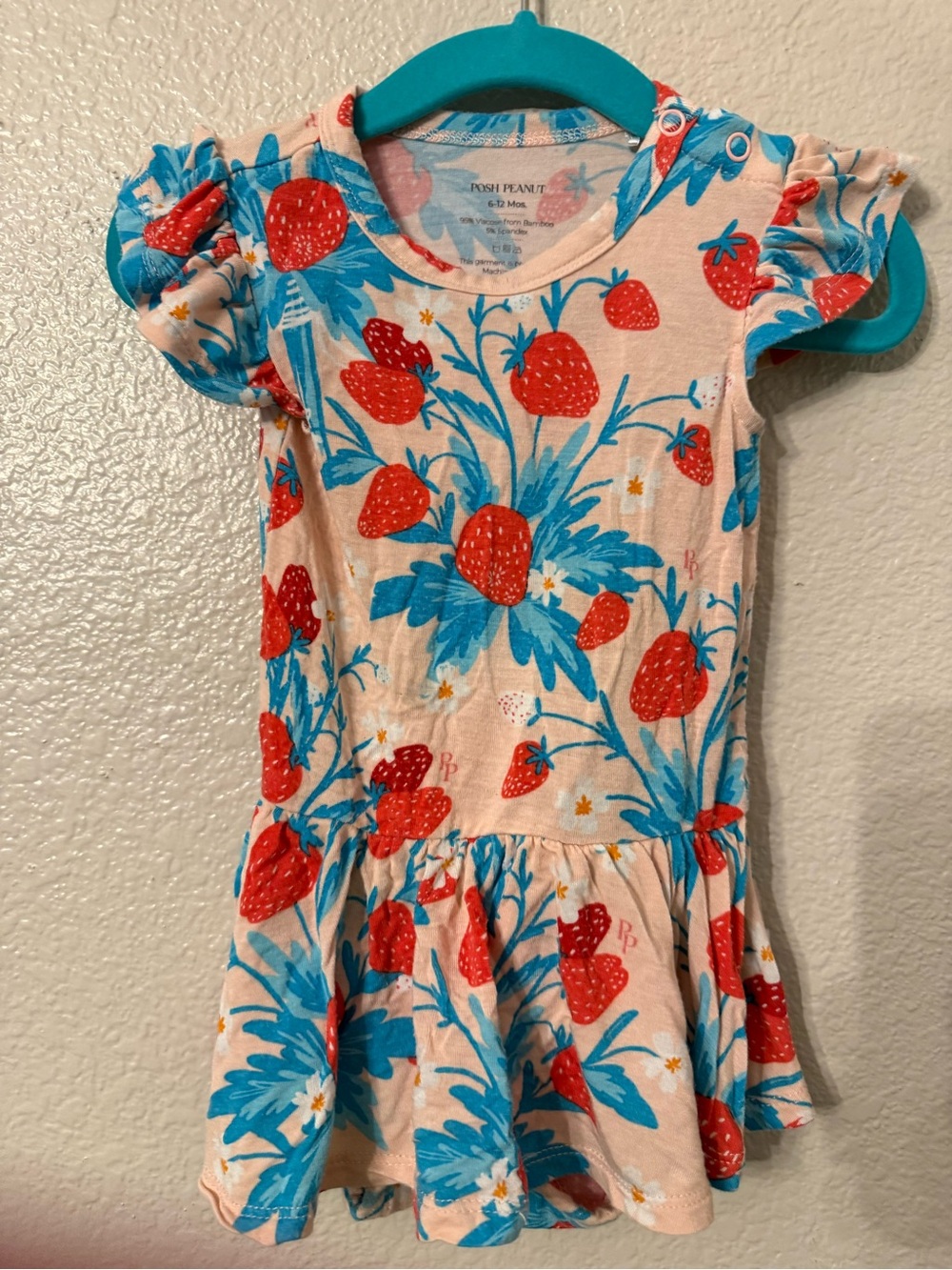 Posh Peanut Pink Dress with Red Strawberry & Blue Leaf Print